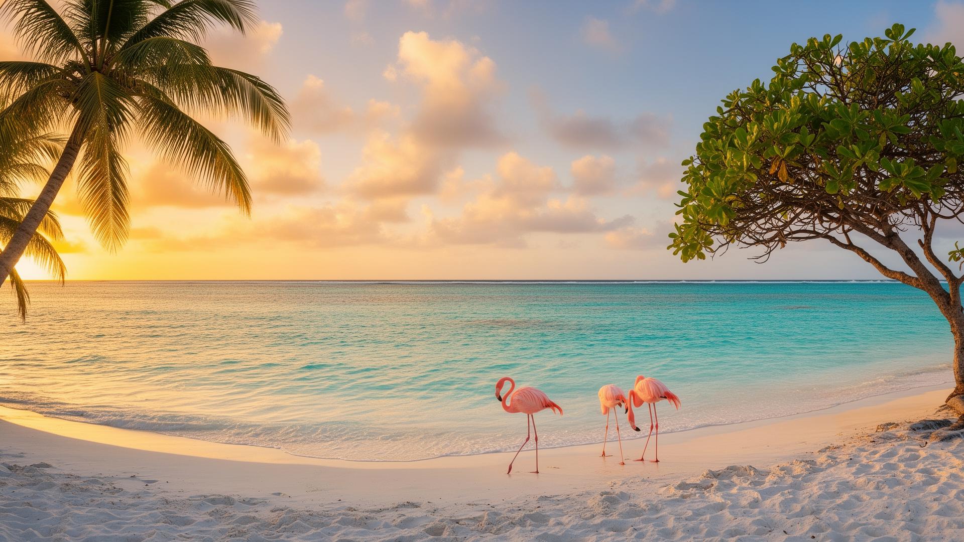 Pink flamingos on a turquoise Aruba beach at sunset
