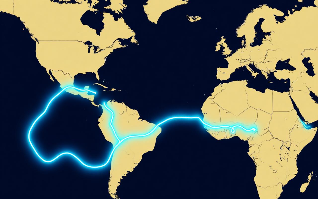Map with a glowing blue route line